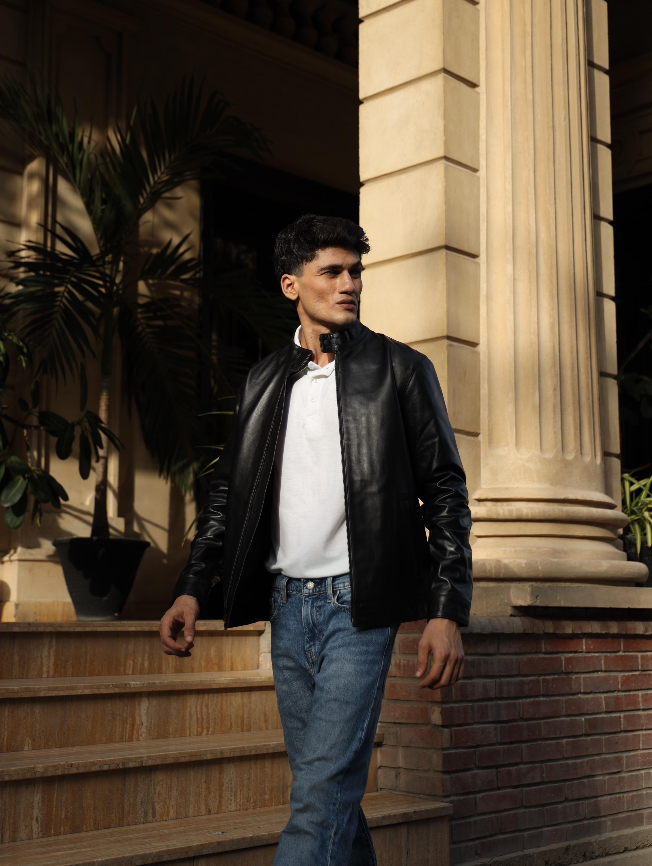 The Velocity – Black Lambskin Leather Racer Jacket, Full Grain