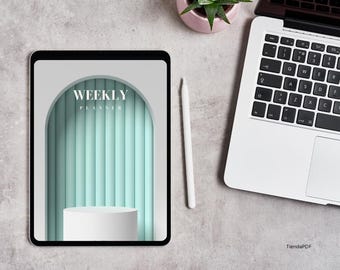May include: A digital tablet displaying a weekly planner template with a light blue and white archway design. The text "WEEKLY PLANNER" is displayed on the tablet screen.