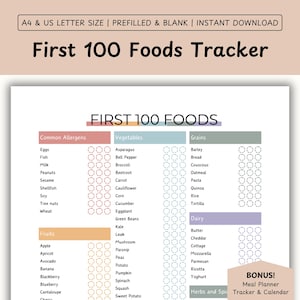 Babyvoedingtracker Afdrukbare checklist voor babyvoeding First 100 Food Maaltijdplanner voor baby Led-speenlijst Lijst babyvoeding Vast voedseldagboek
