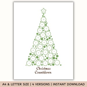 Può includere: Stampa bianca con un design ad albero di Natale verde, con cerchi numerati per un conto alla rovescia. Il testo "Christmas Countdown" è sotto l'albero. La stampa include anche il testo "A4 & LETTER SIZE | 4 VERSIONS | INSTANT DOWNLOAD".
