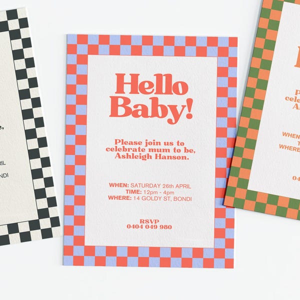 Editable gender neutral checkered baby shower invitation template with multiple colour options. Edit easily then print or send digitally.