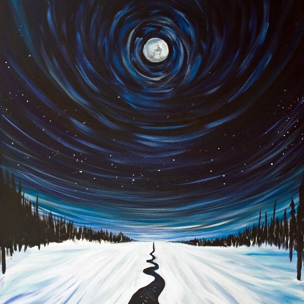 Canvas Print- Snow, Moon and Stars, Surreal Landscape Painting