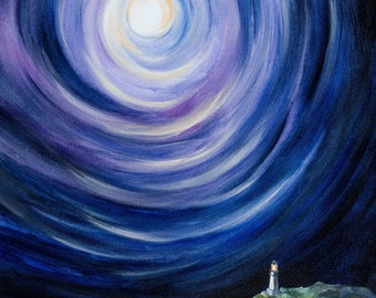 Canvas Print- Moon and a Lighthouse, Surreal Landscape Painting