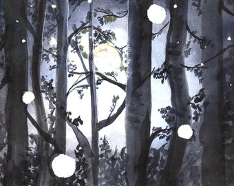 Fireflies in the Woods, Watercolor Painting - Photo Print