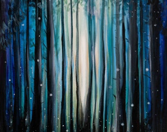 Canvas Print-  Firefly Painting with Tent, Camping in the Woods