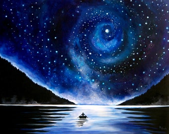 Photo Print- Rowboat under the Stars Landscape Painting