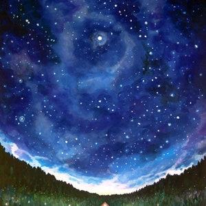 Lienzo impresión- pintura del cielo de la noche, tienda bajo las estrellas - pintura del paisaje