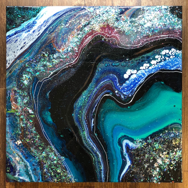 Geode Style Abstract Painting Mixed Media Resin Art Riverbed Etsy