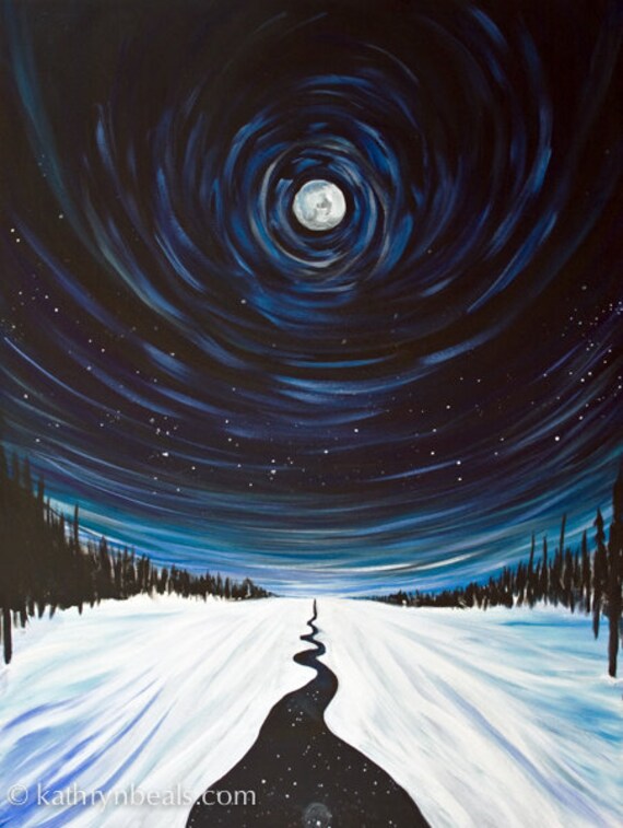 Snow Moon And Stars Surreal Landscape Painting Canvas Print