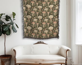 Mushrooms & Herbs Woven Blanket, Cottagecore Throw, Botanical Wall Tapestry