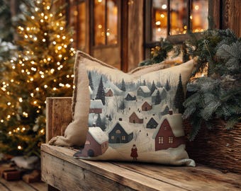 Scandinavian Christmas Village Tapestry Pillow - Farmhouse Holiday Decor, Nordic Christmas Decoration