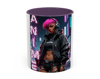 Anime Girl Coffee Mug, Vibrant Cyberpunk Style, Ceramic Mug