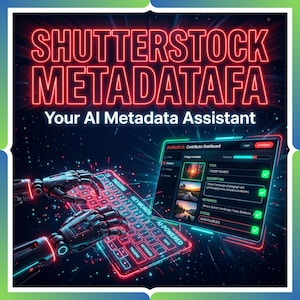 May include: A digital graphic promoting "SHUTTERSTOCK METADATAFA, Your AI Metadata Assistant." The image features a futuristic keyboard and a screen displaying a contributor dashboard with the text "FOREST SUNSET" and "AUTO-FILLED (A)".