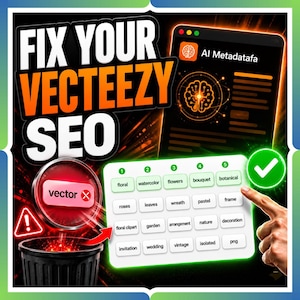 May include: A digital graphic featuring the text FIX YOUR VECTEEZY SEO in bold orange and white letters. It includes a magnifying glass over a trash can, a tablet screen labeled AI Metadatafa, and a grid of green and white keyword tags.