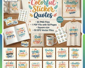 Colorful Motivational Sticker Quotes Bundle – 50 PNG & EPS Files + PDF – Printable Quote Stickers