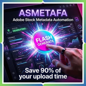 May include: A digital interface displays the text "ASMETAFA Adobe Stock Metadata Automation." A finger presses a button labeled "FLASH GENERATE." The screen shows data analysis and progress bars, with the tagline "Save 90% of your upload time."