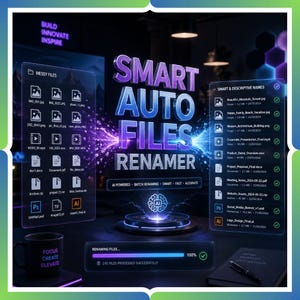 May include: A digital graphic promoting "Smart Auto Files Renamer." The image features a futuristic design with file icons, progress bars, and the software's name in large, stylized text. A mug with the text "Focus Create Elevate" is visible.