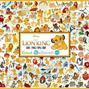 Puede incluir: Un collage digital colorido de varios personajes de la película de Disney El Rey León. Los personajes incluyen Simba, Mufasa, Scar, Timon, Pumbaa, y más. La imagen incluye el texto "Disney El Rey León SVG/PNG/EPS/DXF Cricut Silhouette Canva".