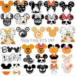 May include: A set of 24 Halloween-themed Mickey Mouse and Minnie Mouse SVG cut files. The designs feature various Halloween elements, including pumpkins, ghosts, bats, spiders, and candy corn. The text "Trick or Treat!" and "Boo!" are also included.