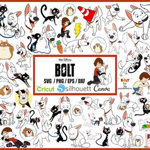 May include: A collection of 30 digital cut files featuring the character Bolt from the Disney movie Bolt. The files are in SVG, PNG, EPS, and DXF formats and are compatible with Cricut, Silhouette, and Canva.