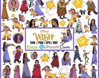 May include: A collection of colorful Disney Wish SVG cut files featuring characters and elements from the movie, including a wish star, a goat, and a princess. The text "Disney Wish" is featured in a stylized font. The text "SVG/PNG/EPS/DXF" is also included, along with the logos for Cricut, Silhouette, and Canva.