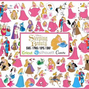 May include: A collection of 36 digital cut files featuring various images of Sleeping Beauty, Prince Phillip, and other characters from the Disney movie. The images include Sleeping Beauty asleep, Sleeping Beauty and Prince Phillip dancing, Sleeping Beauty and Prince Phillip kissing, Sleeping Beauty's castle, and other scenes from the movie. The text "Disney Sleeping Beauty SVG/PNG/EPS/DXF Cricut Silhouette Canva" is included in the image.