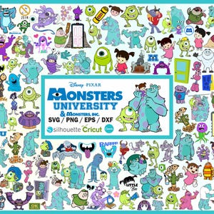 May include: A collection of Monsters University and Monsters, Inc. character graphics in various poses and colors. The image includes Mike Wazowski, Sulley, and Boo, along with other monsters. The text "Monsters University & Monsters, Inc." is displayed with file type options.