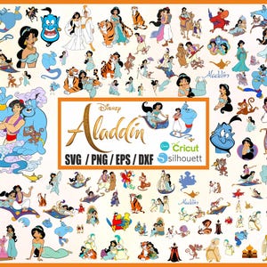 May include: A collection of Aladdin-themed digital graphics. The image features various illustrations of Aladdin, Jasmine, Genie, and other characters from the Disney movie. The text "Disney Aladdin" is displayed in gold, along with file type options: SVG, PNG, EPS, and DXF.