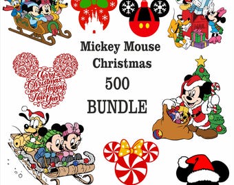 May include: A collection of 500 Mickey Mouse Christmas SVG, PNG, EPS, and DXF files. The image shows various Mickey Mouse characters in festive Christmas scenes, including a sleigh, a Christmas tree, and a candy cane.