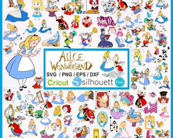 Peut inclure: Une collection de graphiques numériques sur le thème d'Alice au pays des merveilles. L'image présente divers personnages et éléments de l'histoire, dont Alice, le Chapelier fou, la Reine de cœur et le Chat du Cheshire. Le texte "Alice in Wonderland" est également présent.