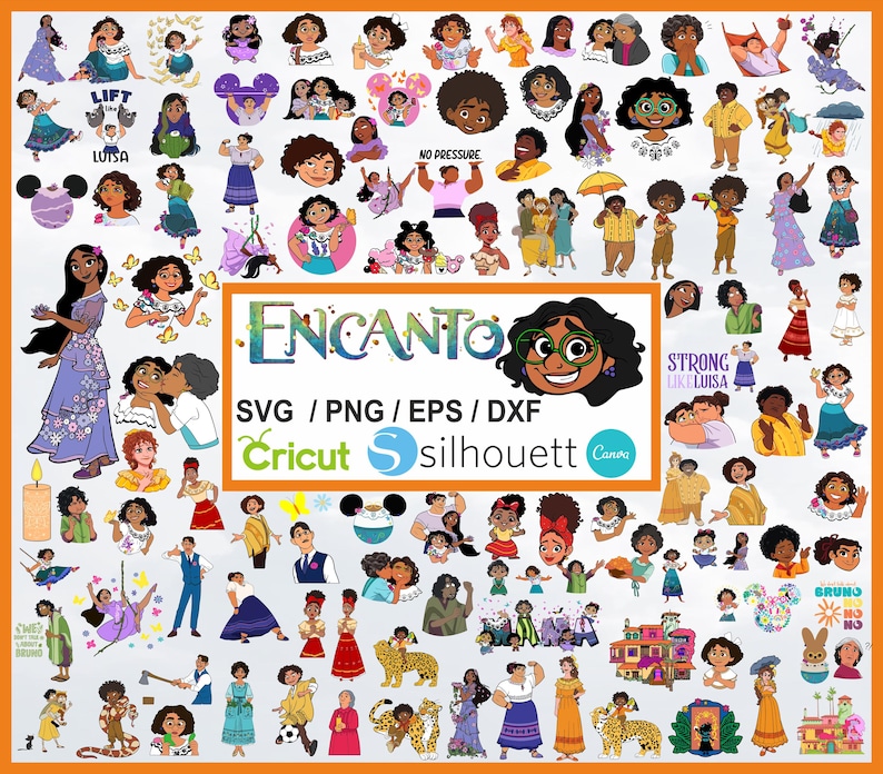 May include: A collection of colorful Encanto-themed digital graphics. The image includes various character illustrations, the word "Encanto", and text indicating file formats like SVG, PNG, and EPS, suitable for Cricut and Silhouette machines.