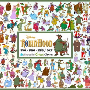 Può includere: Una collezione di personaggi dei cartoni animati di Robin Hood della Disney, in varie pose e abiti. L'immagine include il titolo "Disney Robin Hood" e le opzioni di tipo di file: SVG, PNG, EPS e DXF. I personaggi sono in una varietà di colori.