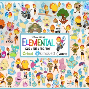 May include: A collection of colorful cartoon characters from the Disney Pixar movie Elemental. The characters are all different elements, including fire, water, earth, and air. The characters are all smiling and happy. The image also includes the text "Elemental" and "Disney Pixar".