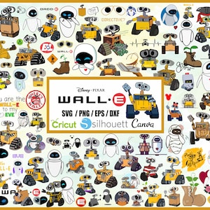 Pode incluir: Uma colagem colorida de imagens com os personagens robôs Wall-E e Eve do filme da Disney Pixar Wall-E. A colagem inclui várias poses dos robôs, incluindo Wall-E segurando uma flor, Eve com seus olhos laser ativados, e ambos os robôs juntos. O texto "You are the WALL-E to my EVE" e "Where's WALL-E?" também está incluído na colagem.