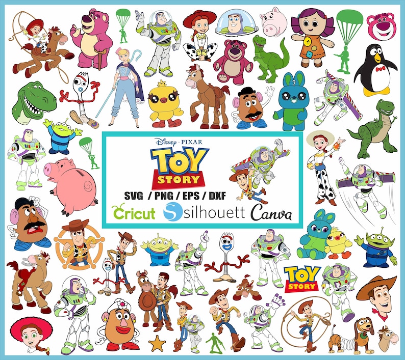 May include: A colourful digital collage of characters from the Toy Story franchise. The characters include Woody, Buzz Lightyear, Jessie, Mr. and Mrs. Potato Head, Rex, Slinky Dog, and more. The image includes the text "Disney Pixar Toy Story SVG/PNG/EPS/DXF Cricut silhouette Canva".