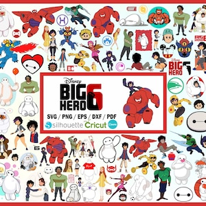 以下が含まれることがあります： ディズニー映画「ベイマックス」のキャラクターと要素を描いた、カラフルなデジタルイラストのコレクション。映画のロゴ、ベイマックス、その他のキャラクターが様々なポーズで描かれています。画像には「SVG / PNG / EPS / DXF / PDF」の文字も含まれています。