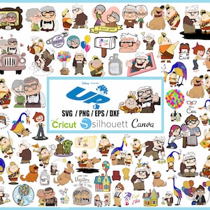 Puede incluir: Una colección de personajes de dibujos animados coloridos de la película animada Up. Los personajes incluyen a Carl Fredricksen, Russell, Dug, Kevin y el pájaro, 'The Spirit of Adventure'. Los personajes están en varias poses y expresiones. La imagen también incluye texto que dice 'SVG/PNG/EPS/DXF Cricut silhouett Canva'.