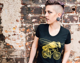 Bee on a Bicycle- Womens T Shirt, Ladies Tee, Tri Blend Tee, Handmade graphic tee, sizes s-xL