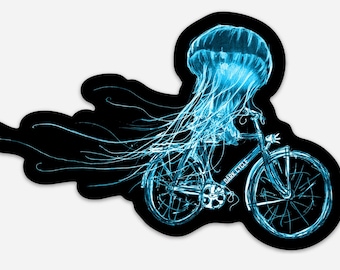 Jellyfish on Bicycle Vinyl Sticker - Laptop, Car, Water Bottle