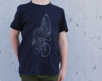Wolf Riding Bicycle Kids Shirt - Screen Printed Wolf Lover Tee