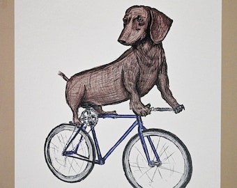 Dachshund Bicycle Print: Whimsical Wiener Dog Art (11x14)