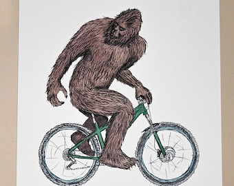 Sasquatch Bicycle Print: Hand-Drawn Bigfoot Art (11x14)
