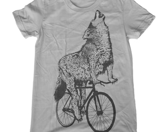 Wolf on a Bicycle - Womens T Shirt, Ladies Tee, Tri Blend Tee, Handmade graphic tee, sizes s-xL