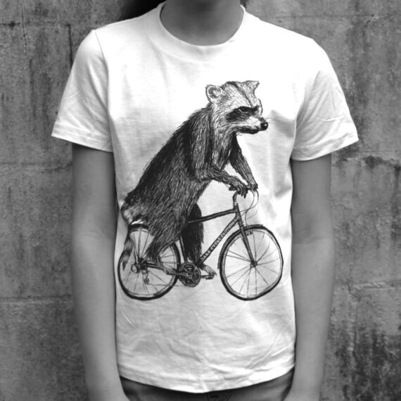 Raccoon Riding Bicycle Kids Shirt - Screen Printed Raccoon Lover Tee