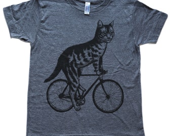 Cat on Bicycle Kids T-Shirt: Handmade Tri-Blend Graphic Tee