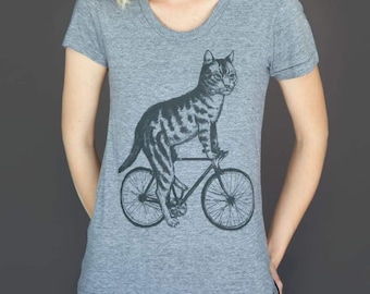 Cat On A Bicycle Women's T- Shirt - Cat Riding A Bicycle -Screen Printed Women's Shirt - Dark Cycle Clothing - Bike Shirt