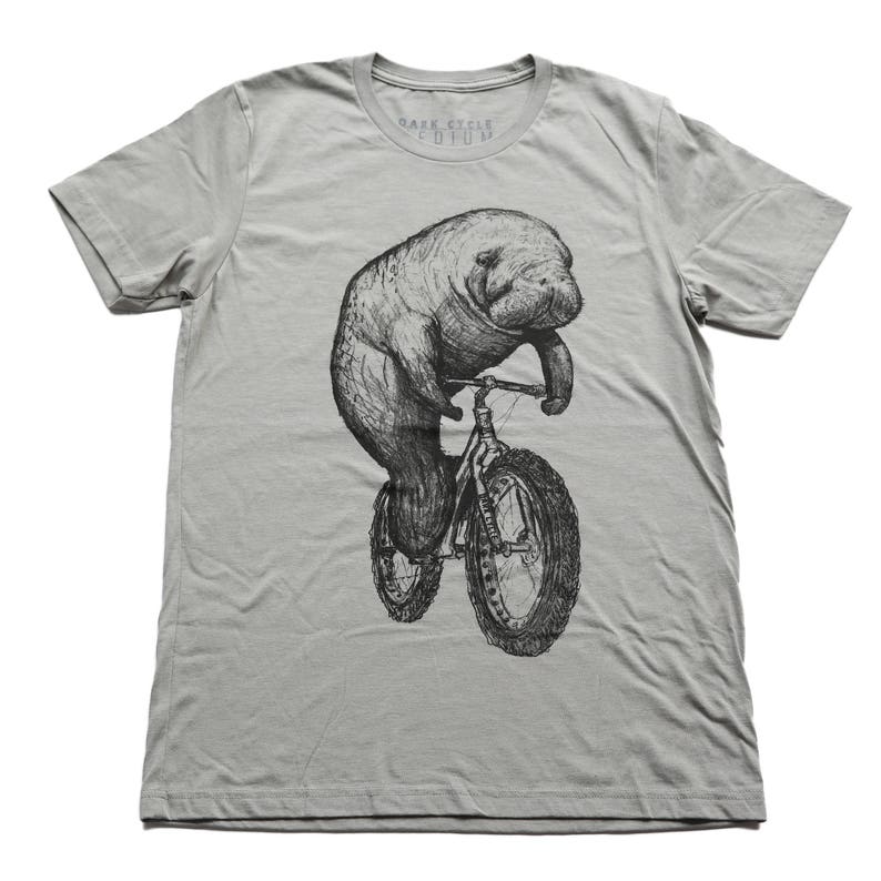 Manatee on a Bike Mens T Shirt Mens, T Shirt, Unisex Tee, Cotton Tee, Handmade graphic tee, Bicycle shirt, Bike Tee, sizes xs-xxl image 1