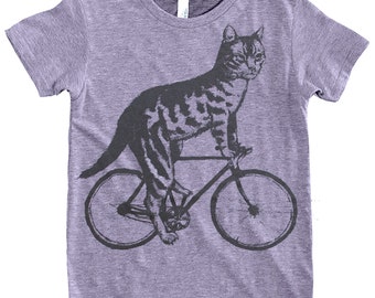 Cat on a Bike - Youth 8 10 12 Tri Grey T Shirt