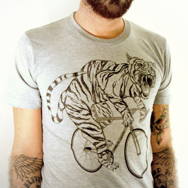 Tiger on a Bike T Shirt - Heather Grey Bike Shirt American Apparel - Size XS, S, M, L, XL, and XXL 	1