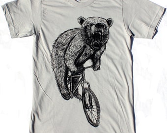 Bear Shirt - Bear Riding A Bicycle - Screen Printed Short-Sleeve Men's Unisex Shirt - Dark Cycle Clothing -Bike Shirt
